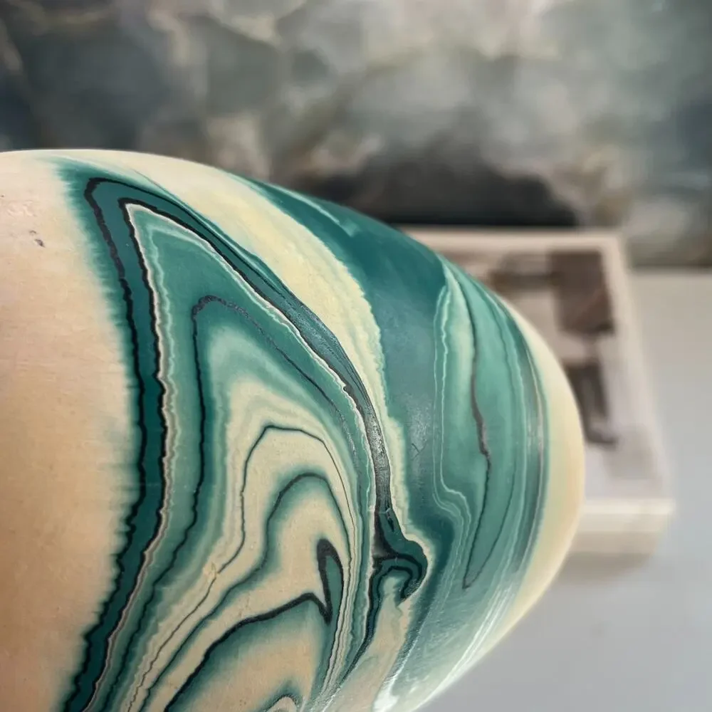Nemadji Vase Pottery 6.5 x 5 in Round Ivory & Blue Swirl Hand Painted